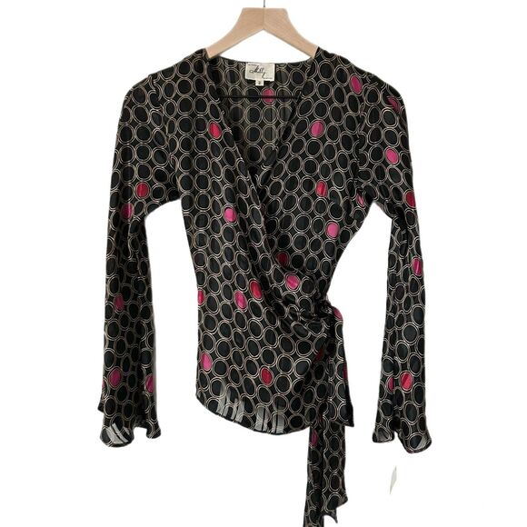 NEW Milly Circle Print Silk Wrap Blouse in Black Size 2 - Picture 1 of 6